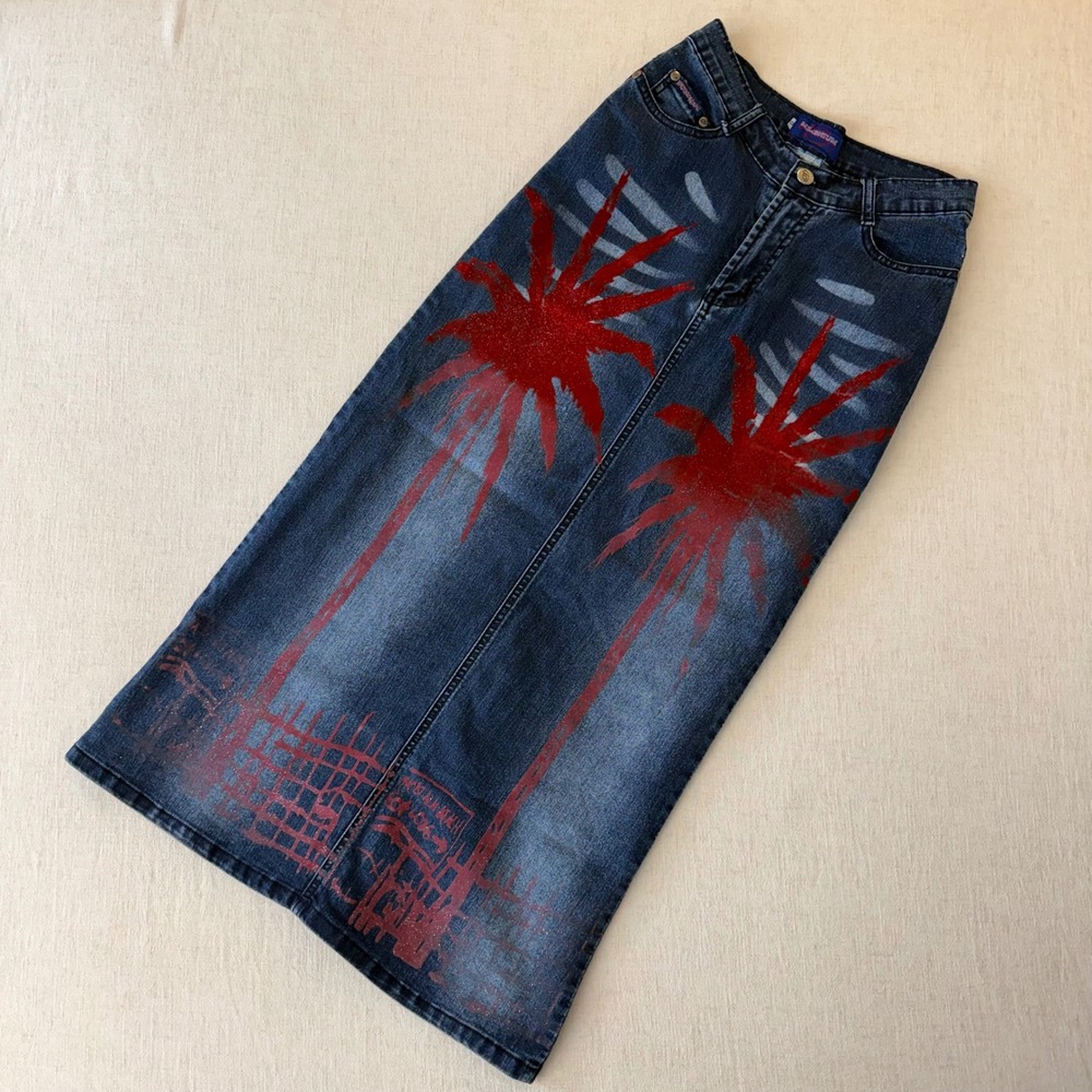 Milenium Denim Maxi Skirt Size 0 Blue Red Palm Tree Graphic Print Y2K Streetwear - Picture 2 of 10